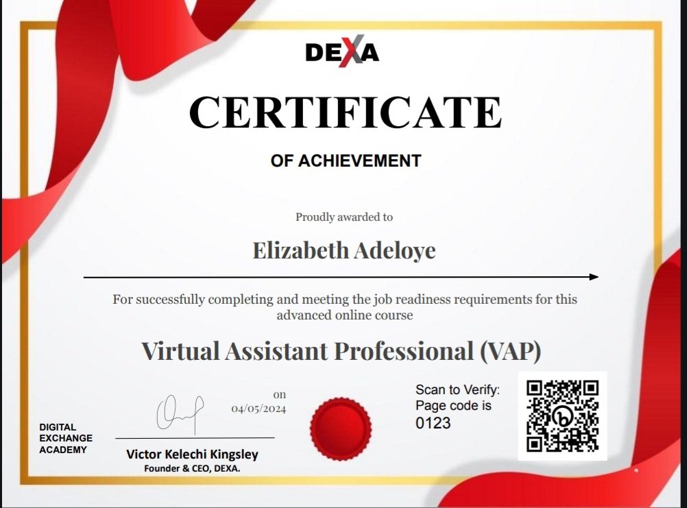 Hello everyone,

I'm glad to announce that I've just completed my Virtual Assistance @Learnwithdexa  A big thank you to the amazing team at DEXA and our fantastic tutors @ErinBoothVA and @leanlailacaba for their guidance and support. 

#DEXA
#VirtualAssistance