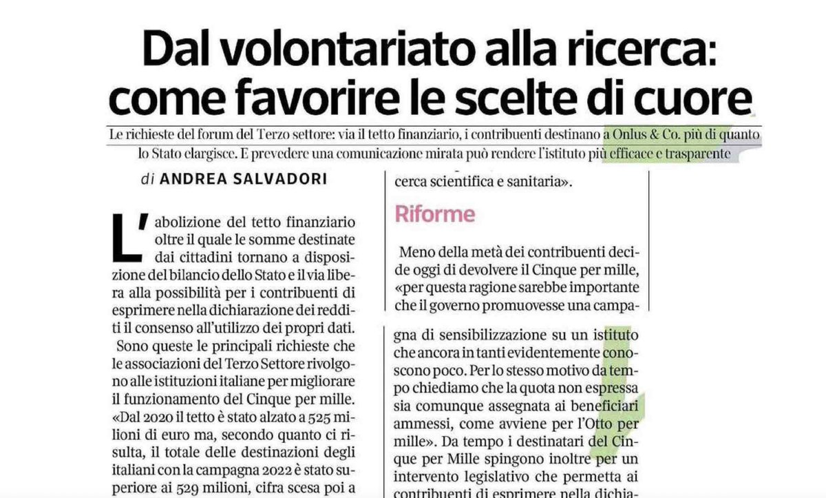 #5permille, sull'inserto 📰Economia del @Corriere in edicola le richieste del Forum Terzo Settore: via il tetto finanziario, gli italiani destinano al #Terzosettore più di quanto elargisca poi lo Stato. #volontariato #ricerca #nonprofit