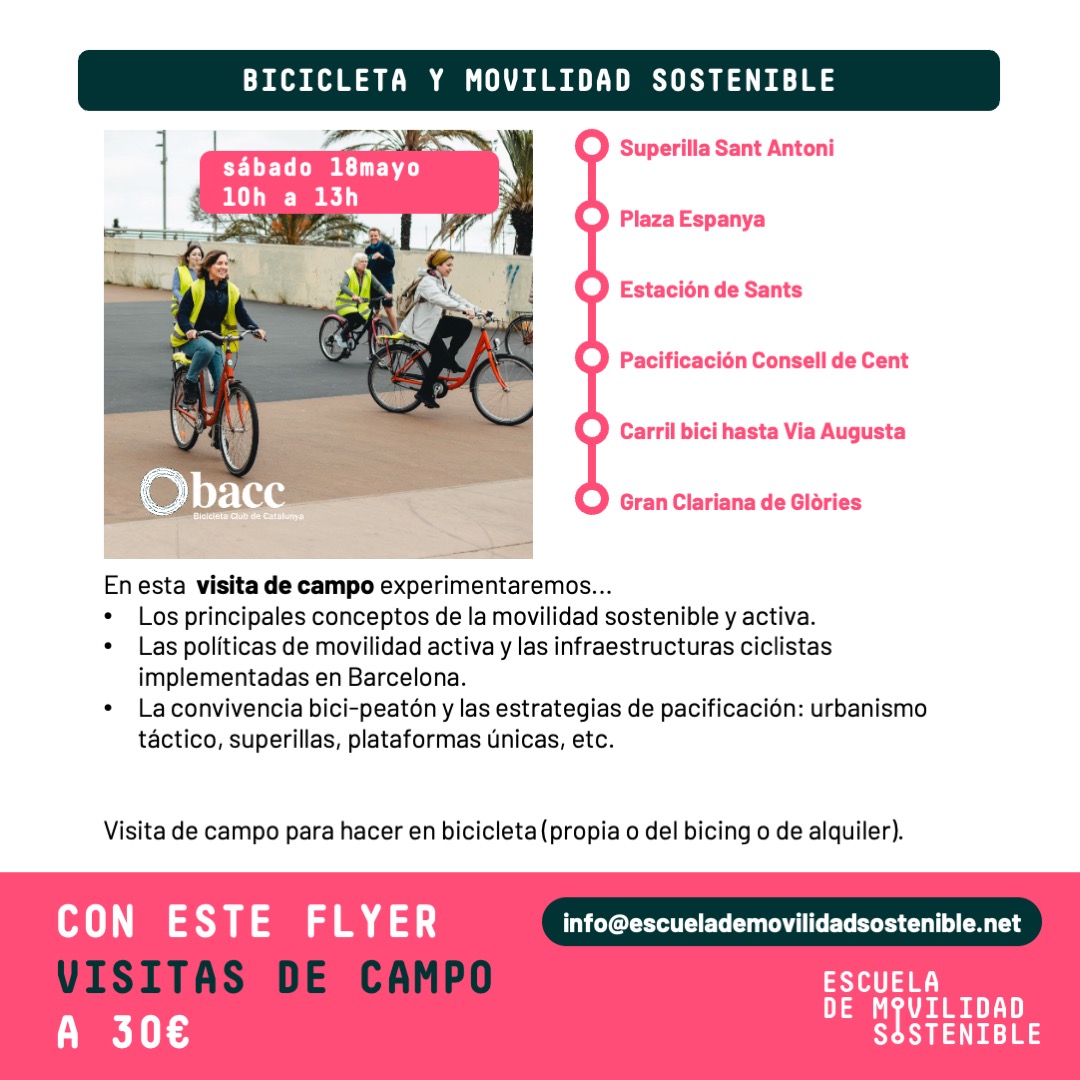 Junto a @bacc_cat hemos preparado una ruta en bici por BCN para reivindicar el papel de la bici en la movilidad sostenible. 📅Sábado 18mayo, 10-13h 🚴‍♀️ Ruta desde la Superilla de Sant Antoni de Barcelona hasta la Gran Clariana de Glorias Inscripciones 👉escuelademovilidadsostenible.net/visitas/bicicl…