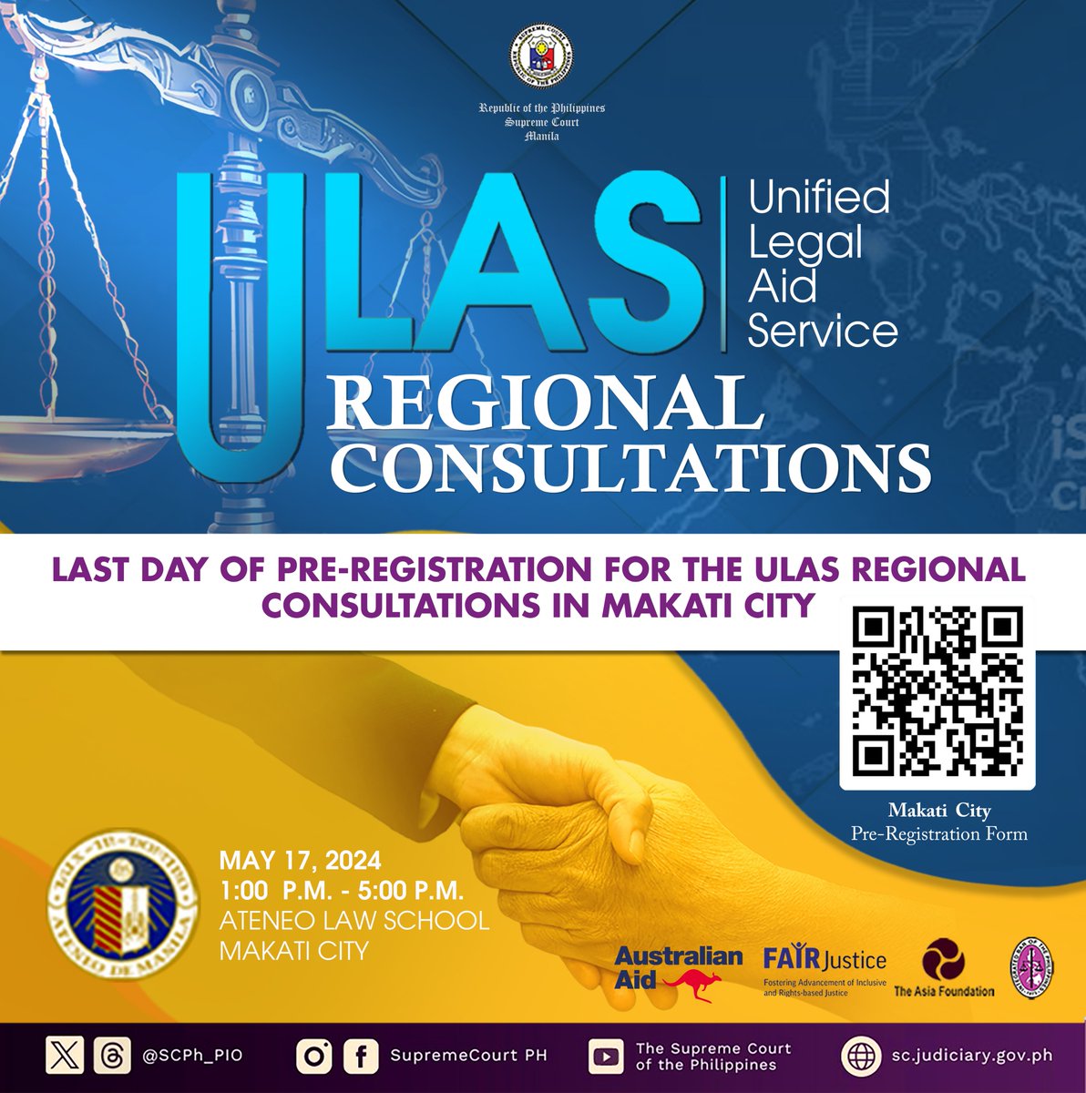 LAST CALL FOR PARTICIPANTS FOR THE MAKATI LEG | Be heard before the ULAS Rules are finalized. Pre-registration for the ULAS Regional Consultations in Makati City is open until today. Scan the QR code or click the following link: tinyurl.com/26rkch4y. #ULASRegionalConsultations