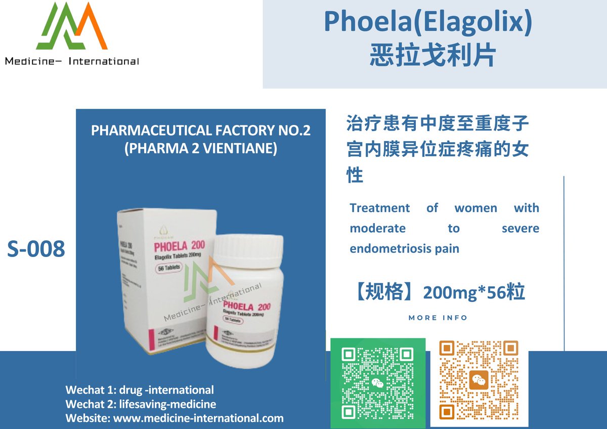 Pharma7788's tweet image. #恶拉戈利 
#Elagolix
#Phoela 
#GnRH 
#endometriosis 
#靶向药物 
#genericdrug 
#oncologymedicine 
#targeteddrug 
#GenericDrug
 #仿制药 #Laos 
#Bangladesh #EmsDelivery 
Order Now.. 
WeChat : drug-international / lifesaving-medicine  Website : medicine-international.com