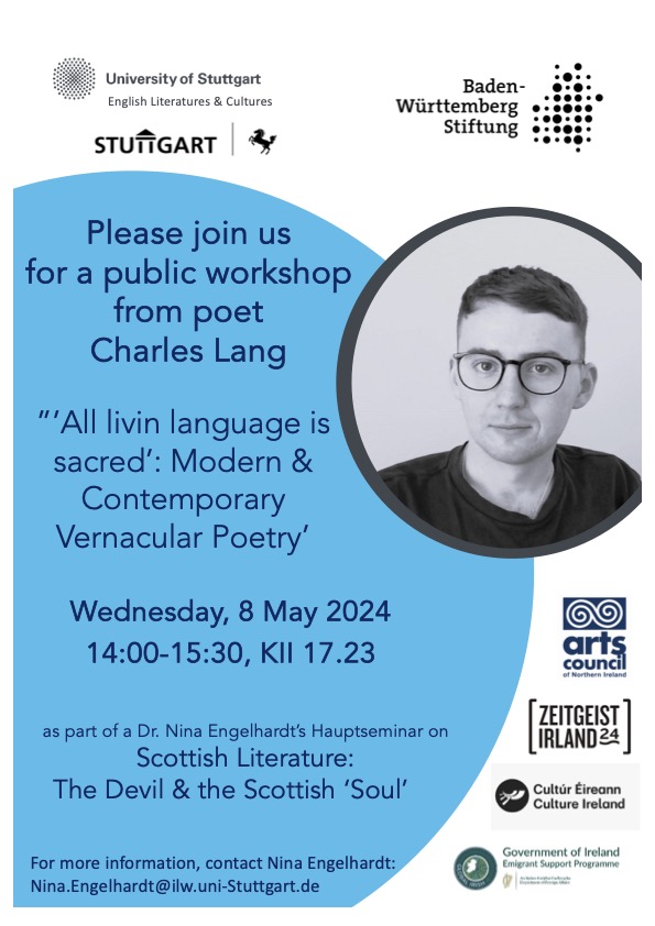 Tomorrow &amp; Wednesday, another Poetry Jukebox poet will come to <a href="/Uni_Stuttgart/">Uni Stuttgart</a>: Charles Lang! Join us for a performance poetry workshop &amp; a talk on Scottish vernacular poetry. This is all possible due to zeitgeistirland24.com &amp; <a href="/Culture_Ireland/">Culture_Ireland</a> &amp; @maria_mcmanus &amp; @poetryjukebox.