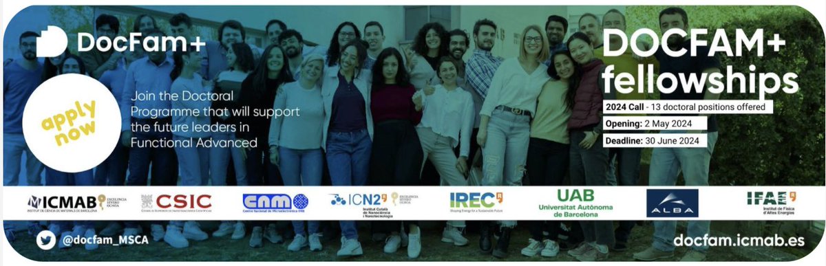 If you are interested in doing a #PhD in Barcelona, there are a number of exciting oportunities at @icmabCSIC 

Marie-Curie mobility requirements apply.

docfam.icmab.es