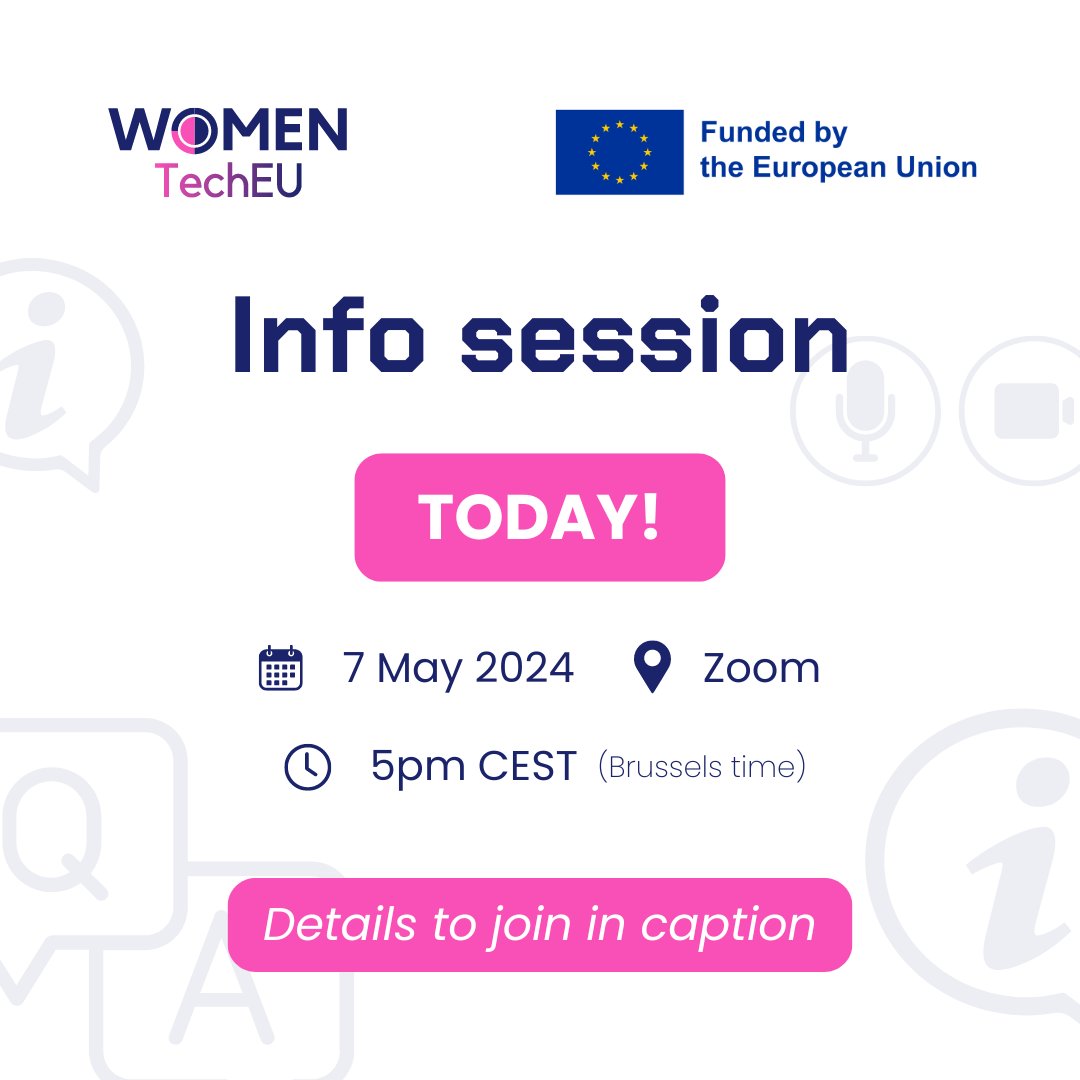 The 2nd InfoDay session is happening TODAY 5pm CEST!

Zoom: womentecheurope.eu/infoday

Register: womentecheurope.eu/register-to-wo…

#WomenInTech #WomenEntrepreneurs #WomenInBusiness #deeptech