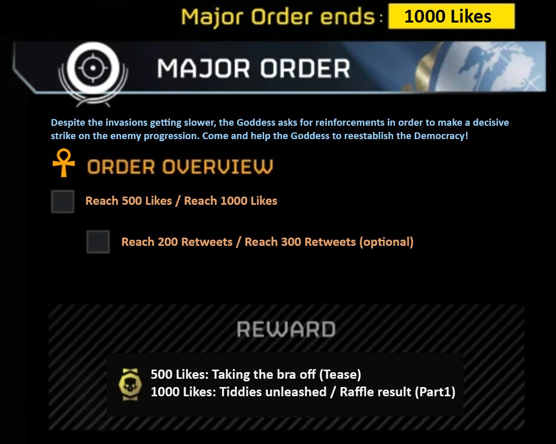 New Major Order just dropped!! PLEASE HELLDIVERS, MAKE SURE TO GIVE TO THE GODDESS SUPPORT IN THE COMING WAR! JOIN THE RAFFLE! all what you need is to make sure you follow, like the pic and retweet when we hit 1k likes I will pick up the winner's~ there are lot of rewards GL💋💛