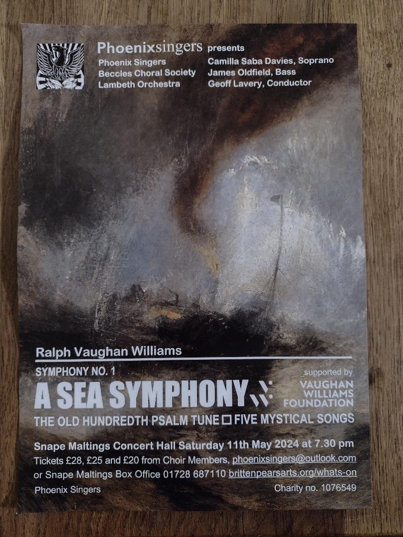 Vaughan Williams' Sea Symphony @SnapeMaltings Saturday May 11th. A few more days to go! Please book tickets: phoenixsingers@outlook.com Generously supported by @VWFndn @PhoenixSingers4 @BecclesChoral @LambethOrchestr @BrittenPears @RVWSociety @rogerandout56