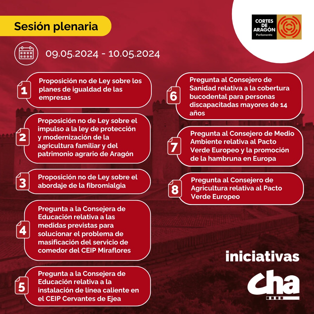 📌#PlenoAragón Iniciativas CHA, 9 y 10 de mayo de 2024. 👉@pepesoro @isabelasobras @JoaquinPalacin chacortes.wordpress.com/2024/05/06/ple…
