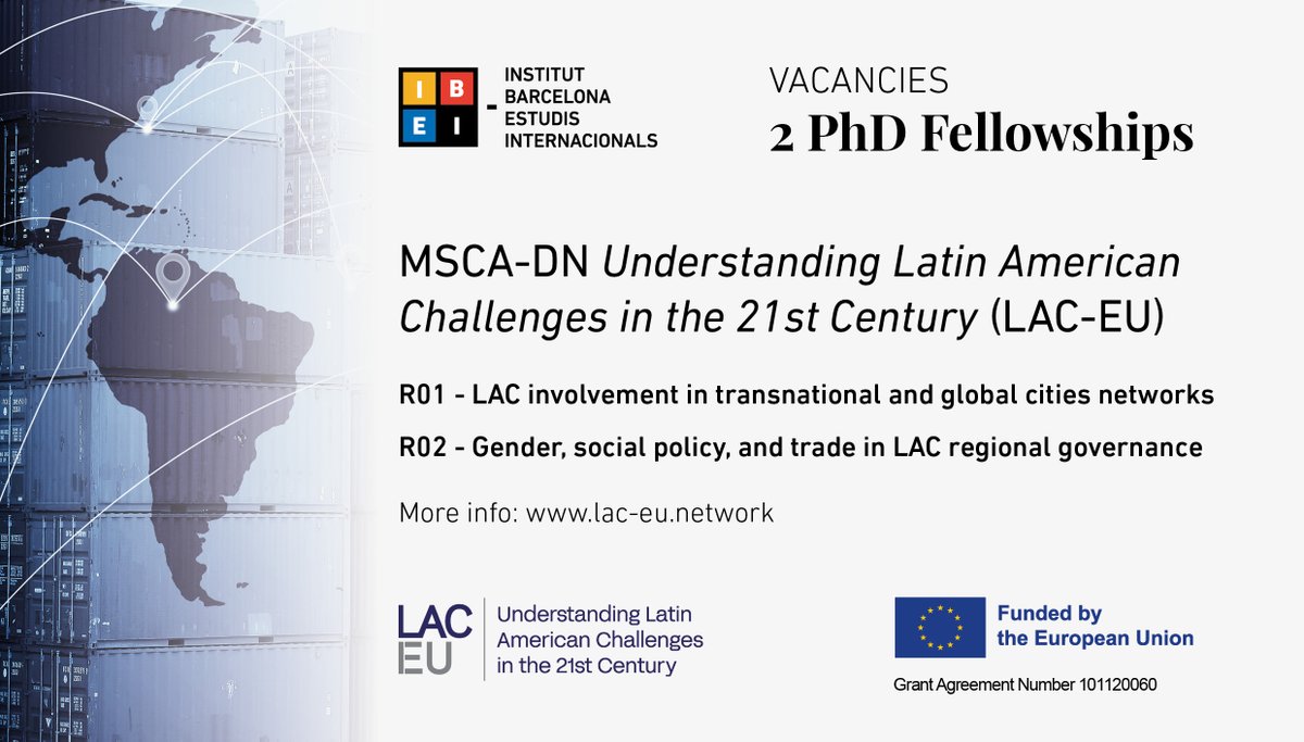 📢 Our @MSCActions doctoral network (#HorizonEurope) offers 2⃣ PhD Fellowships at @IBEI, with focus on #GlobalCities, #ClimateChange & #GenderEquality, at  different levels of governance.  

ℹ️ bit.ly/3UpAGpN

📆 Deadline to apply: May 13, 10h CEST

#LAC #EU