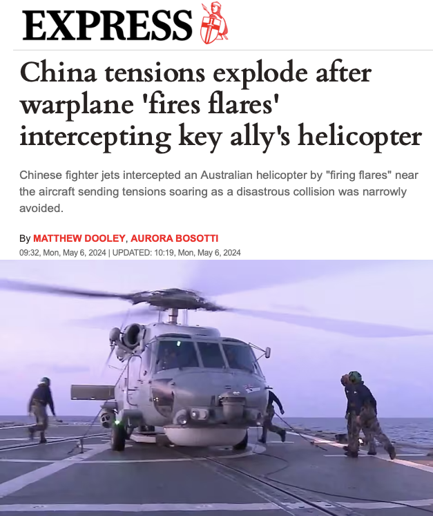 #China tensions explode after #PLA warplane 'fires flares' intercepting #Australian helicopter

Chinese fighter jets intercepted an Australian helicopter by 'firing flares' near the aircraft sending tensions soaring as a disastrous collision was narrowly avoided.

China sent…