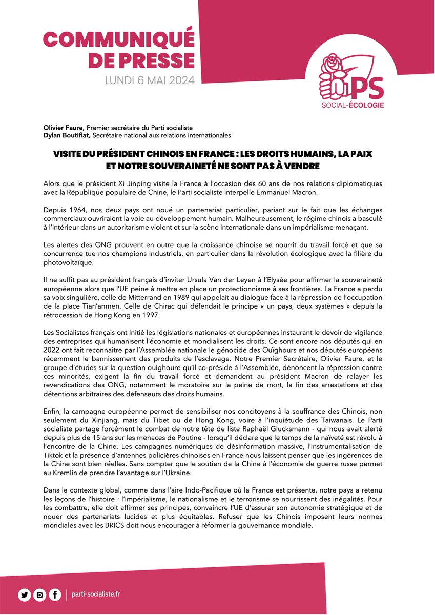 🔴 Communiqué de presse

Alors que Xi Jinping visite la France, le PS interpelle Emmanuel Macron.

Nous dénonçons la répression contre les Ouïghours, exigeons la fin du travail forcé et demandons au Président de relayer les revendications des ONG.

– @faureolivier @DylanBoutiflat