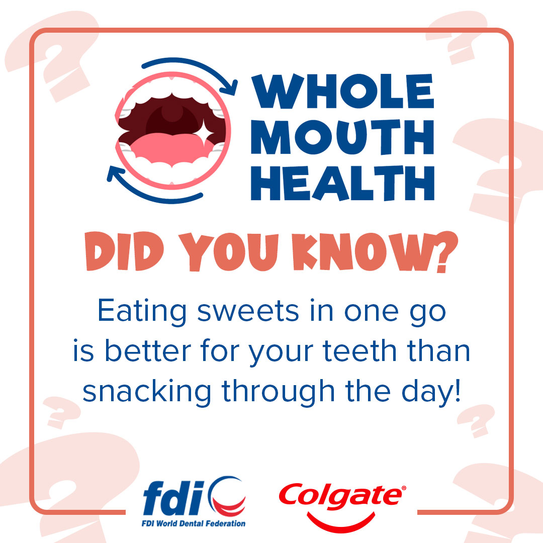 #DidYouKnow? Eating sweets in one go is better for your teeth than snacking through the day! Eating sugar produces acid in your mouth that damages your teeth. Your saliva fixes this, but it takes time to work! Take a fun journey into the mouth with our #WholeMouthHealth tool! ➡