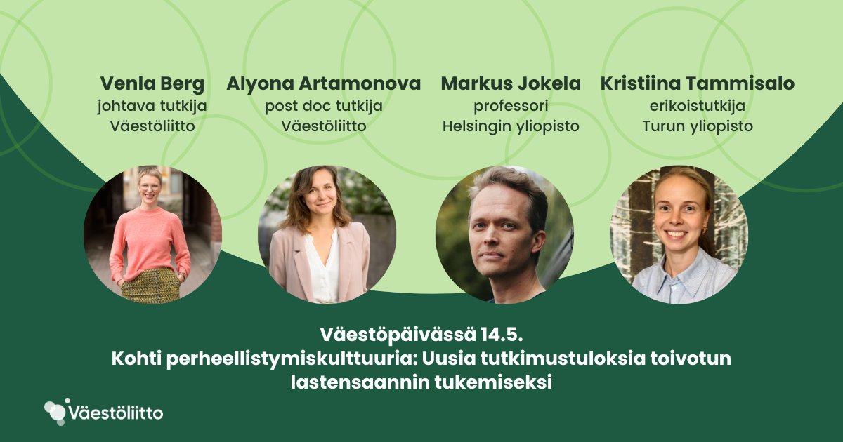 Väestöpäivän päätteeksi tutkimustietoa syntyvyydestä, digihyvinvoinnista perhesuhteissa ja läheisten vaikutuksesta lapsiperheellistymiseen. 

Lämpimästi tervetuloa Väestöpäivään! 
vaestoliitto.fi/ajankohtaista/…