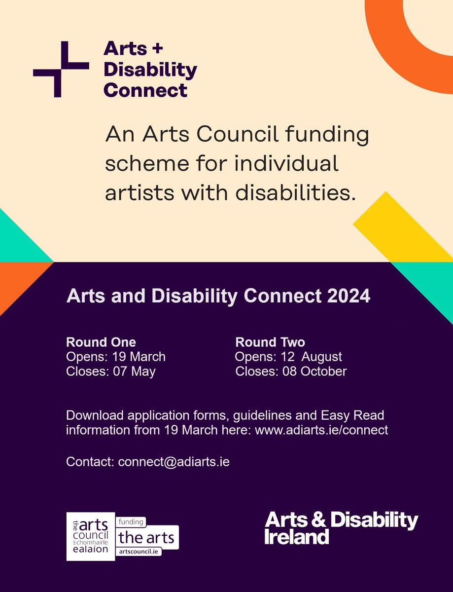 CLOSING TOMORROW! Arts and Disability Connect Scheme Round One 2024 closes tomorrow 07 May at 4PM Designed to support artists with disabilities managed by @ADIarts. More info & apply: artscouncil.ie/Funds/Arts-and…