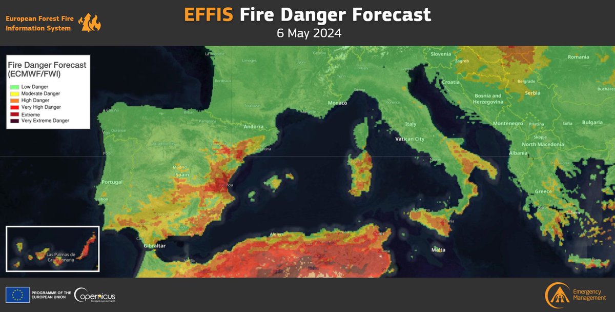 Today's #EFFIS Fire Danger Forecast🔥 for the #Mediterranean region:

🔴'Very High' danger levels in areas of 🇪🇸🇮🇹🇬🇷🇹🇳🇩🇿🇲🇦

🟤'Extreme' danger levels are present in the #Canarias & #ComunitatValenciana regions of #Spain as well as in large areas of 🇹🇳&🇩🇿

forest-fire.emergency.copernicus.eu/apps/effis_cur…