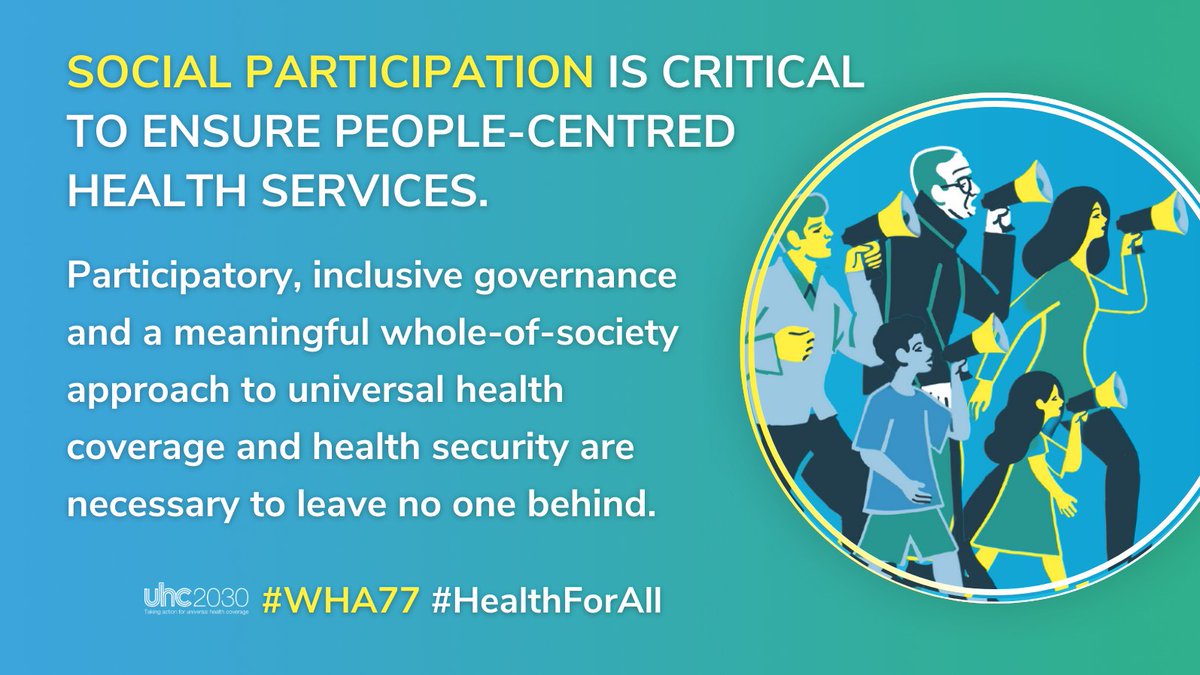 At #WHA77, Member States will discuss the draft resolution on #SocialParticipation for #UniversalHealthCoverage and well-being.
From now through #WHA77, join us as we highlight how leaders are championing #SocialParticipation and why it is imperative for #UniversalHealthCoverage.
