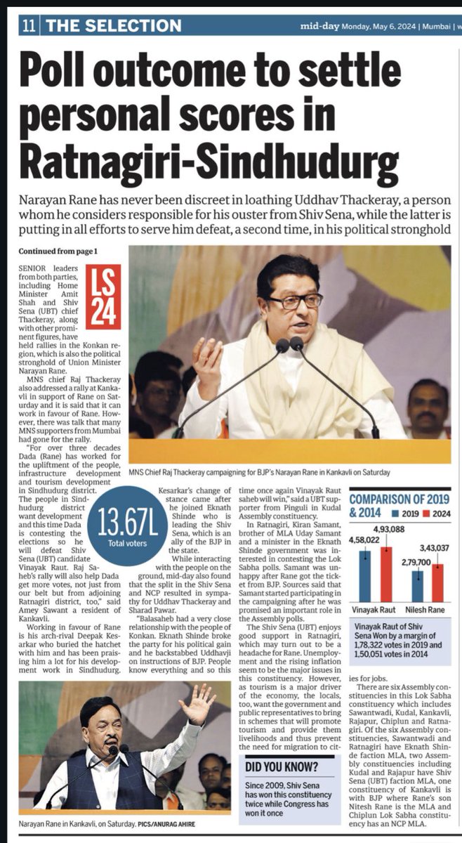 Lok Sabha elections 2024: Prestige battle in Ratnagiri Sindhudurg. mid-day.com/mumbai/mumbai-… #LokSabhaElctions2024 #NarayanRane #RatnagiriSindhudurg #VinayakRaut #UddhavThackeray #MVA #Mahayuti #NDA #INDIAAlliance