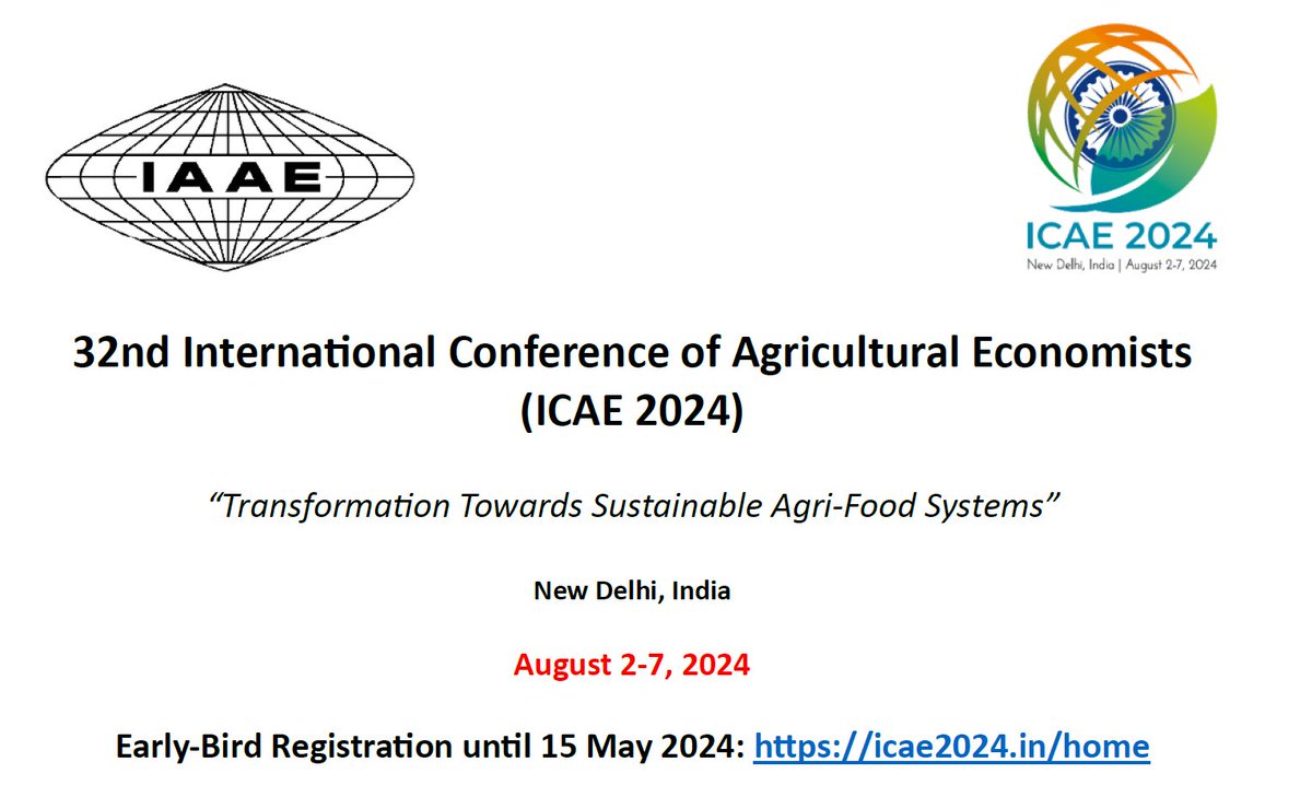 Get ready for the biggest international jamboree of agricultural economists, @icae2024, 2-7 August 2024, New Delhi, India, organized by @IAAEAgEcon. Register now (early-bird fee until 15 May), and see my notes/update as ICAE 2024 Program Chair: icae2024.in/cowbell
