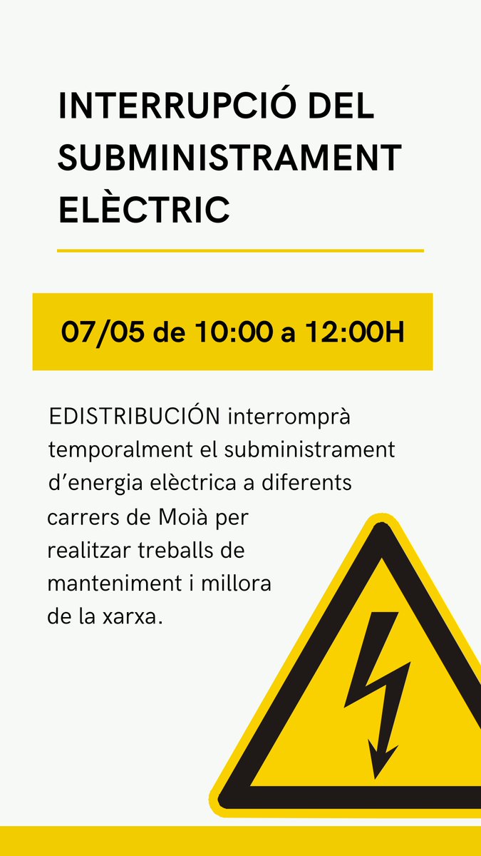 Dimarts 7 de maig de 10:00 a 12:00h, EDISTRIBUCIÓN interromprà temporalment el subministrament d’energia elèctrica a diferents carrers de Moià per realitzar treballs de manteniment i millor de la xarxa. Podeu consultar els carrers afectats a moia.cat/web/talls-de-s…