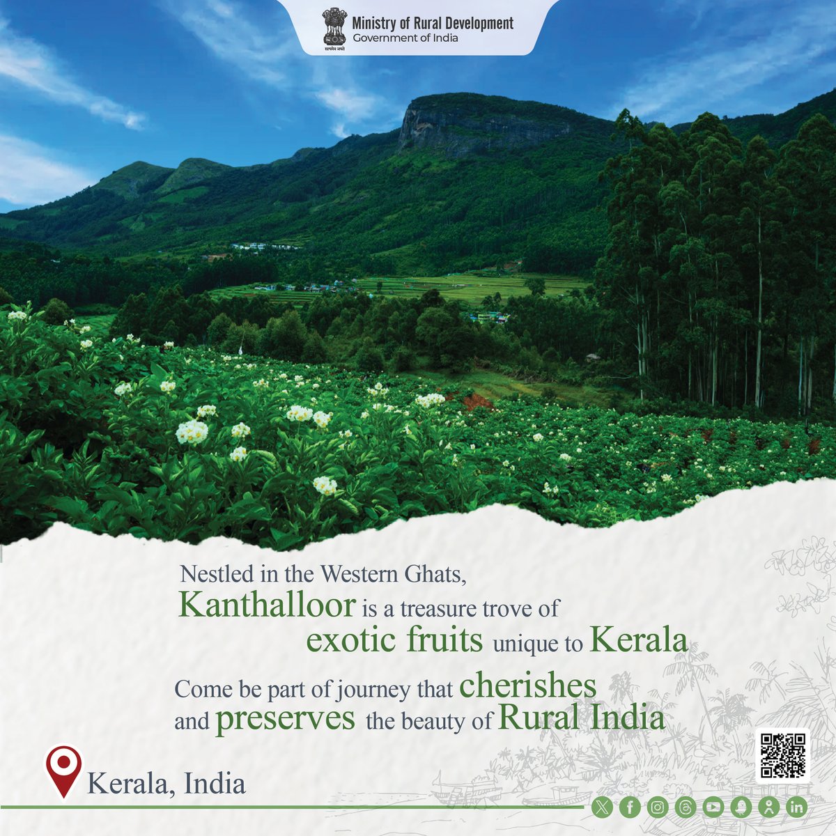 #EhsaasGrameenBharatKa | Embrace the allure of Kanthallor, where nature’s bounty meets tourism, creating an unforgettable #RuralTourism experience. This quaint and laid-back village nestled in the Western Ghats of India is renowned for its unique array of fruits. #MoRD #Kerala