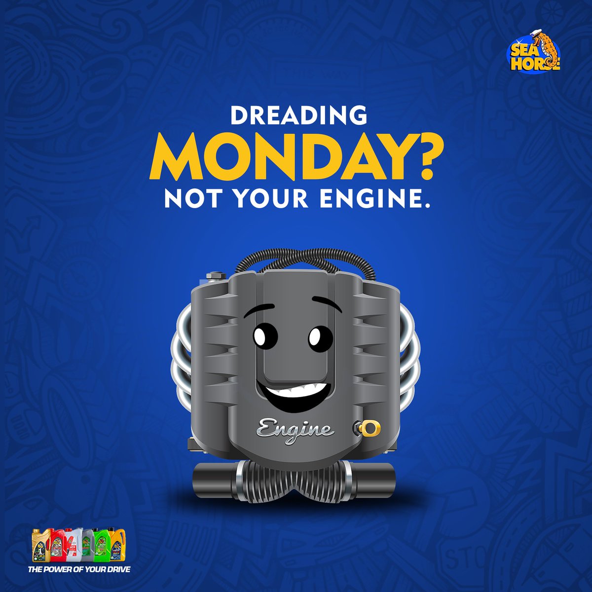 Don't let a grumpy engine ruin your bright Monday.

#MotorOil #CarCare #Maintenance #MotorLubricants #EngineOil #QualityOil #SeaHorseLubricants #ThePowerOfYourDrive