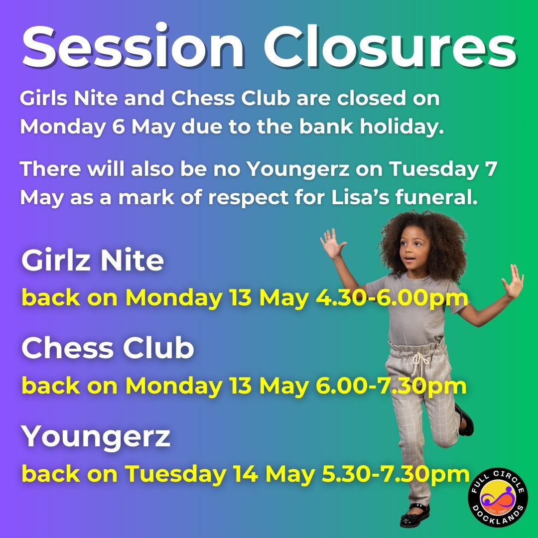 A reminder that there is no Girls Club or Chess Club today due to the bank holiday. 

There will also be no Youngerz tomorrow as a mark of respect for Lisa’s funeral. 

See you next week!

#BristolYouth #BristolCommunity #BristolKids