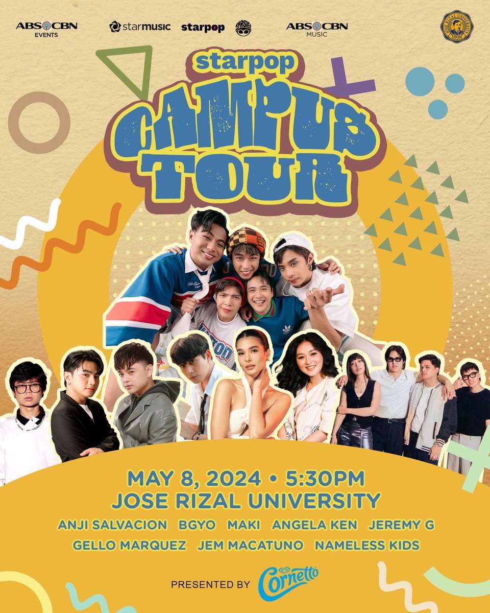 Saan aabot ang isang #StarPopCampusTour? 👀 Rizalians, walang uwian dahil paparating na sina @anjisalvacion, @bgyo_ph, @clfrnia_maki, @anqelaken, @imjeremyg, @imgellomarquez, @Jemmacatuns, at @thenamelesskids! 💛 Presented by @SelectaCornetto🍦