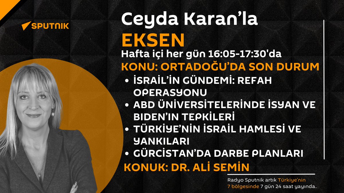 Ceyda Karan'la Eksen Radyo Sputnik'te başlıyor! Yayını Telegram üzerinden takip edebilirsiniz: telegram.me/tr_sputnik 📡Radyo Sputnik artık Türkiye’nin 7 bölgesinde 7 gün 24 saat yayında...