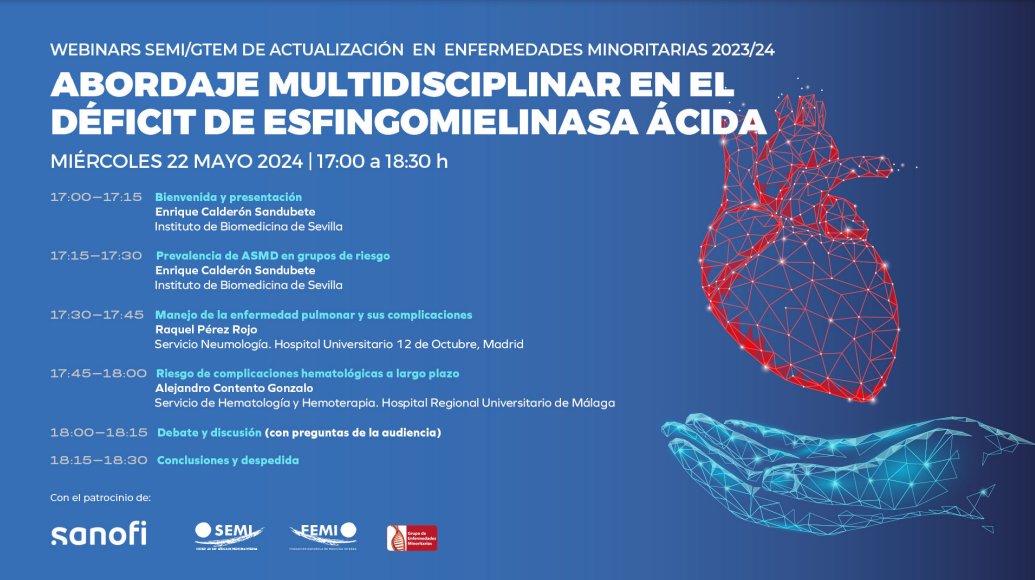 📢🔴 Hoy sesión online SEMI-FEMI 'Abordaje multidisciplinar en el déficit de esfingomielinasa ácida' del @GTEMinoritarias de @Sociedad_SEMI 🏥 🗓️ Hoy, 22 de mayo | 17:00-18:30 horas 🔗Inscripción y todos los detalles: webinar-minoritarias-semi.com/index.php/ 🤝Con patrocinio de @SanofiES