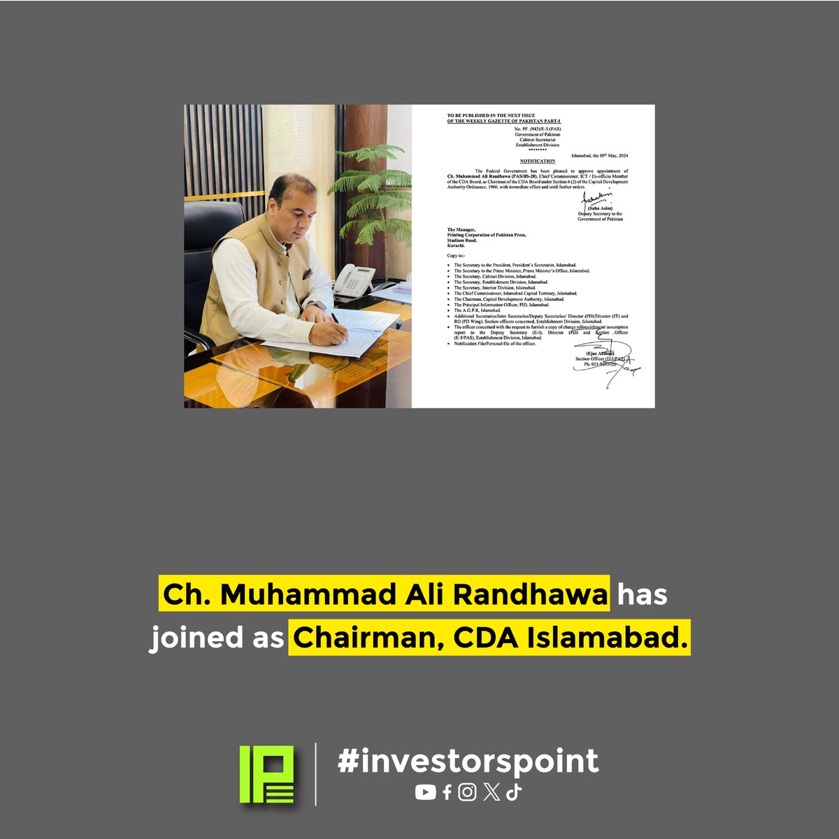 InvestorsPoint4's tweet photo. Ch. Muhammad Ali Randhawa has joined as Chairman, CDA Islamabad.
.
.
🔗 Social Media Links:https://t.co/Dcak6AiXay...
https://t.co/K8LbvDho07...
https://t.co/PtJi0Xfz9K...
https://t.co/ISHPdItkHu...
https://t.co/hcMp6sBcBk https://t.co/YgDUjRNT9y