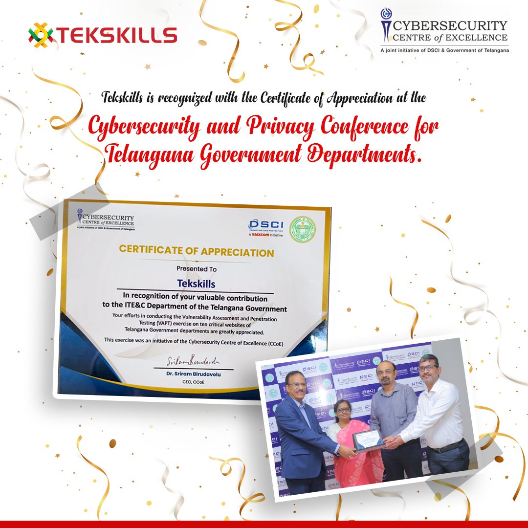 We're proud to join forces with #CCoE for the pentest exercise on the crucial websites of Telangana Government Departments. We are also grateful for receiving the Certificate of Appreciation at the Cybersecurity and Privacy Conference for Telangana Government Departments.

#VAPT