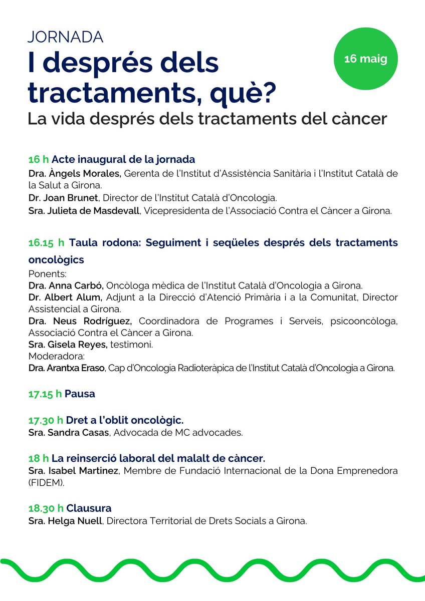 El proper 16 de maig @ContraCancerGIR ofereix una jornada per a pacients de l'#ICO Girona @htrueta sobre: 'I després dels tractaments què?' on es parlarà del seguiment, l'oblit oncològic i la reinserció laboral. 📍A la Sala d'Actes de l'#HospitalTrueta ➡️Inscripcions gratuïtes
