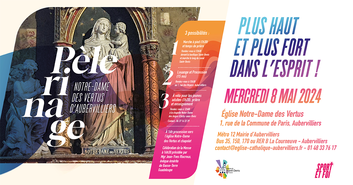 Participez merc. 8 mai au pèlerinage diocésain de N.D. des-Vertus ! Né en 1336, il prend la forme d'une marche en 🙏 de la @CathedraleDenis #SaintDenis jusqu'à l'⛪️ N.D. des-Vertus à #Aubervilliers. Trajet à 🚴‍♀️réservé aux jeunes depuis #ClichysousBois. 
ℹ️ bit.ly/3JNLqId