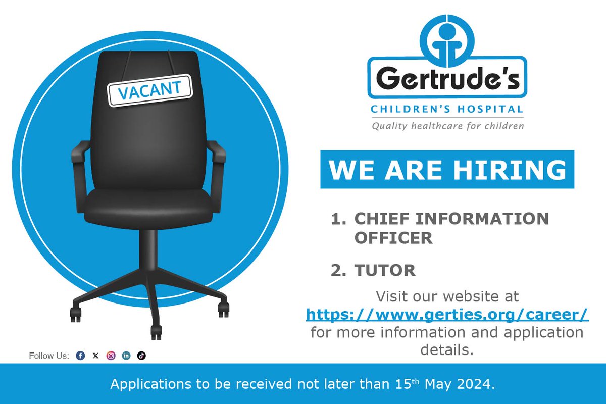 Visit our website at gerties.org/career/ for more information and application details. Applications must be received by May 15th 2024. Gertrude’s Children’s Hospital offers equal employment opportunities.