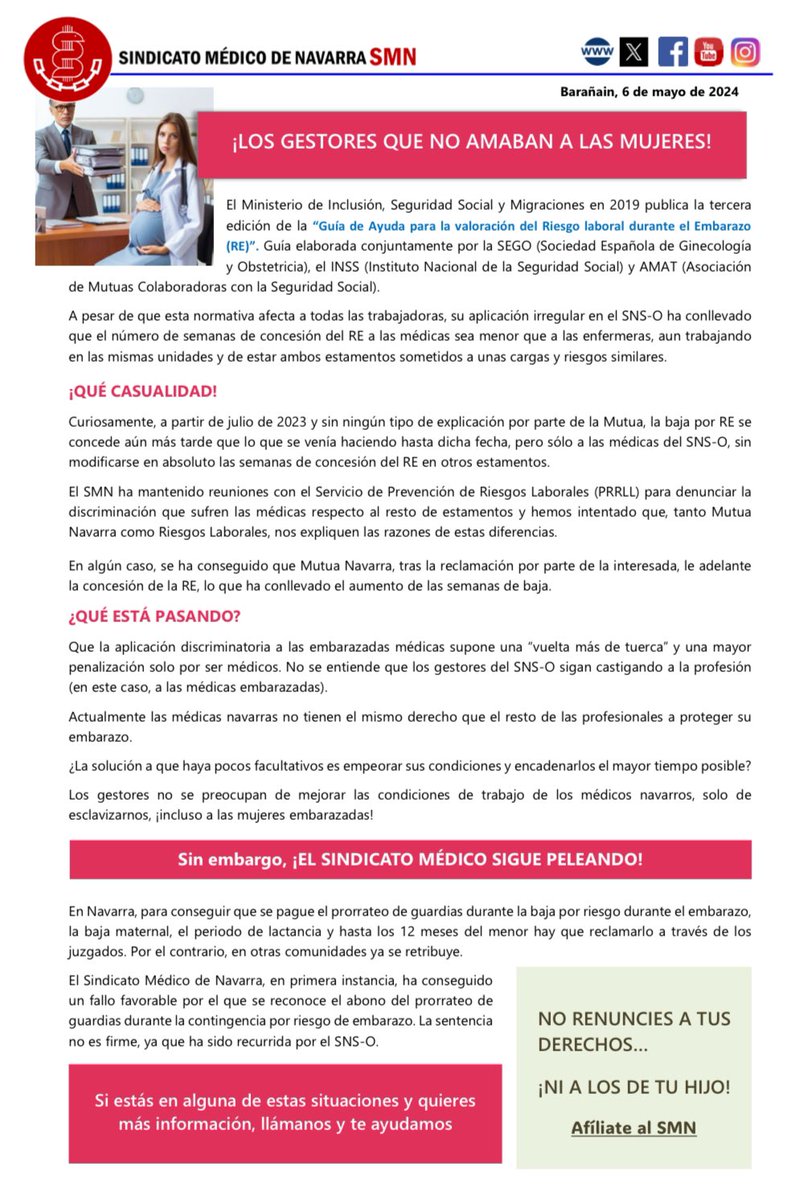 “Los gestores que no amaban a las mujeres” es el título de nuestra nueva circular. La aplicación de los nuevos criterios de valoración del riesgo laboral durante el embarazo se está realizando de forma discriminatoria contra las médicas embarazadas. Toca cambiarlo! ¿Te unes?