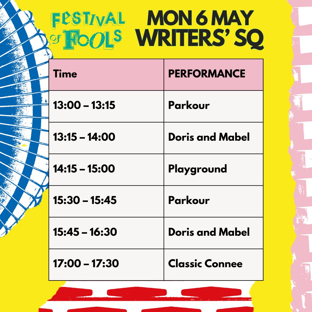 Welcome to DAY 3 of #FOF24! 🎪 Let's finish with a bang! Rain-free schedule on track. Join us 1-6pm for laughter, chaos, magic! Details: foolsfestival.com All welcome! Free to all! Spread the word!