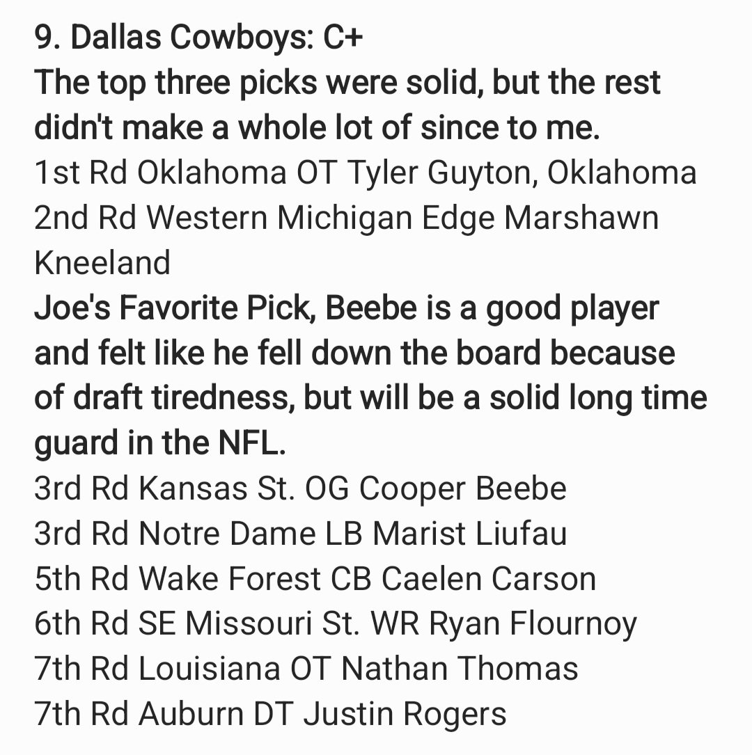 Over the next 32 Days, I will be posting Joe's grade for each NFL teams Draft Class 

Dallas Cowboys Day 9

Joe's Grade: C+
Can't figure out what the Cowboys are doing with this class.
#NFLDraft #NFL #NFLTwitter #dallascowboys #cowboys #cowboysnation #americasteam #wedemboyz