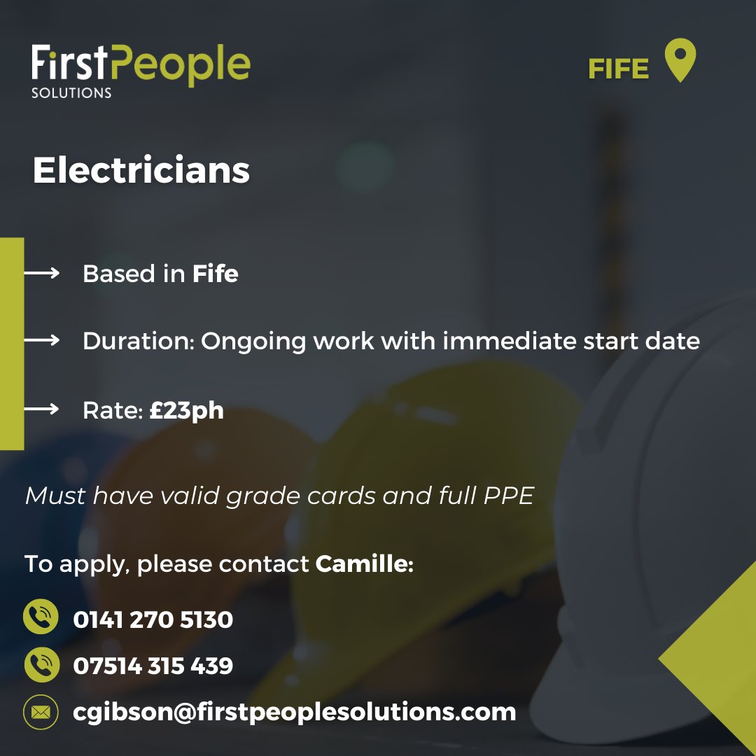 First People Solutions are looking for Electricians to work on a major project based in Fife🛠️ immediate start date For more information on how to apply, please get in touch with Camille Gibson: 📞: 0141 270 5130 📞: 07514315439 📧: cgibson@firstpeoplesolutions.com #HiringNow