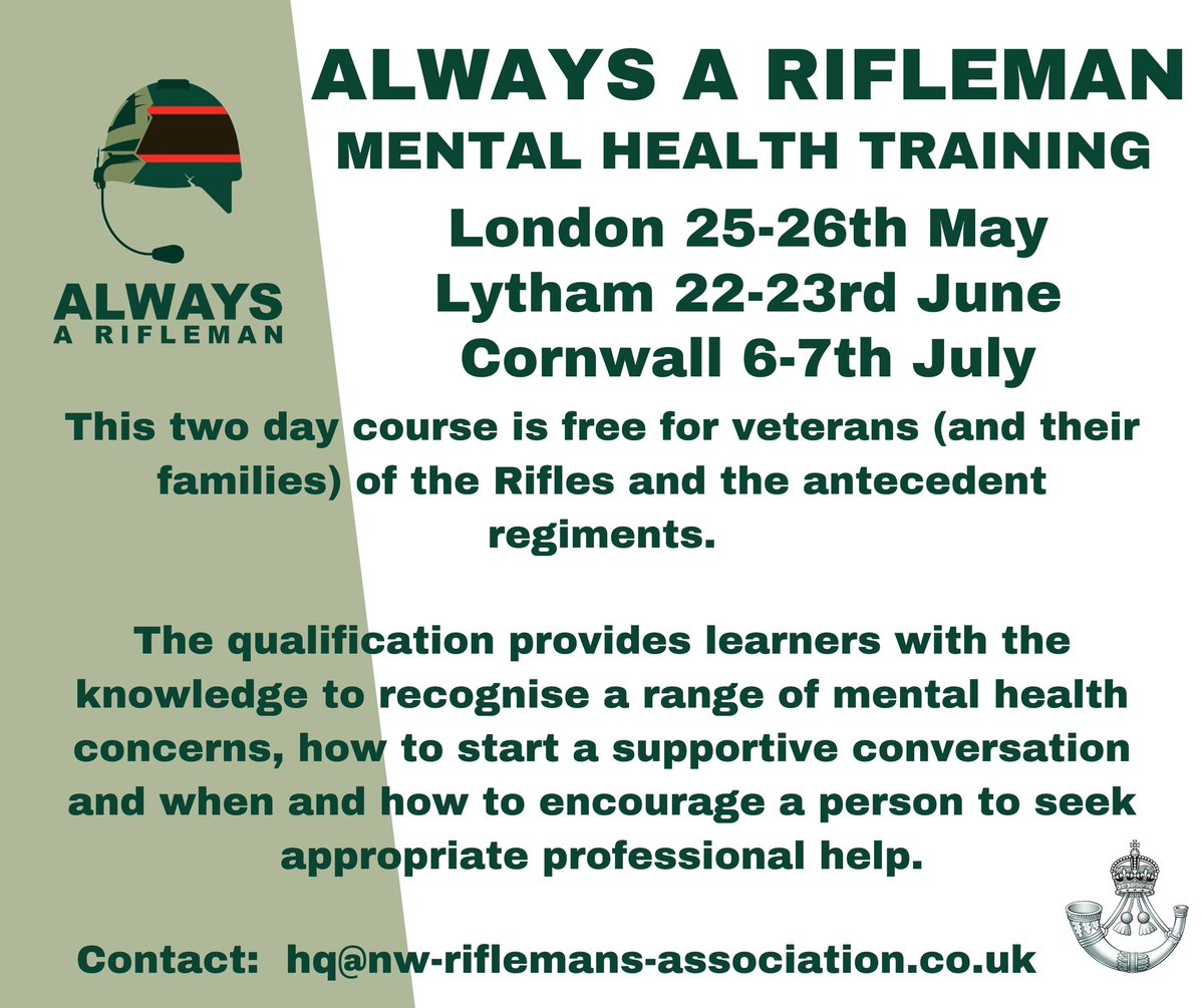 John Patrick (@johnboogle) on Twitter photo Can you help us prevent veteran suicide?
If you’d like to learn how to identify a mental health crisis & start a supportive conversation then DM to book on to one of our L3 mental health first aid courses.
The training is free for veterans of <a href="/RiflesRegiment/">The Rifles</a> Can you help us prevent veteran suicide?
If you’d like to learn how to identify a mental health crisis & start a supportive conversation then DM to book on to one of our L3 mental health first aid courses.
The training is free for veterans of <a href="/RiflesRegiment/">The Rifles</a>