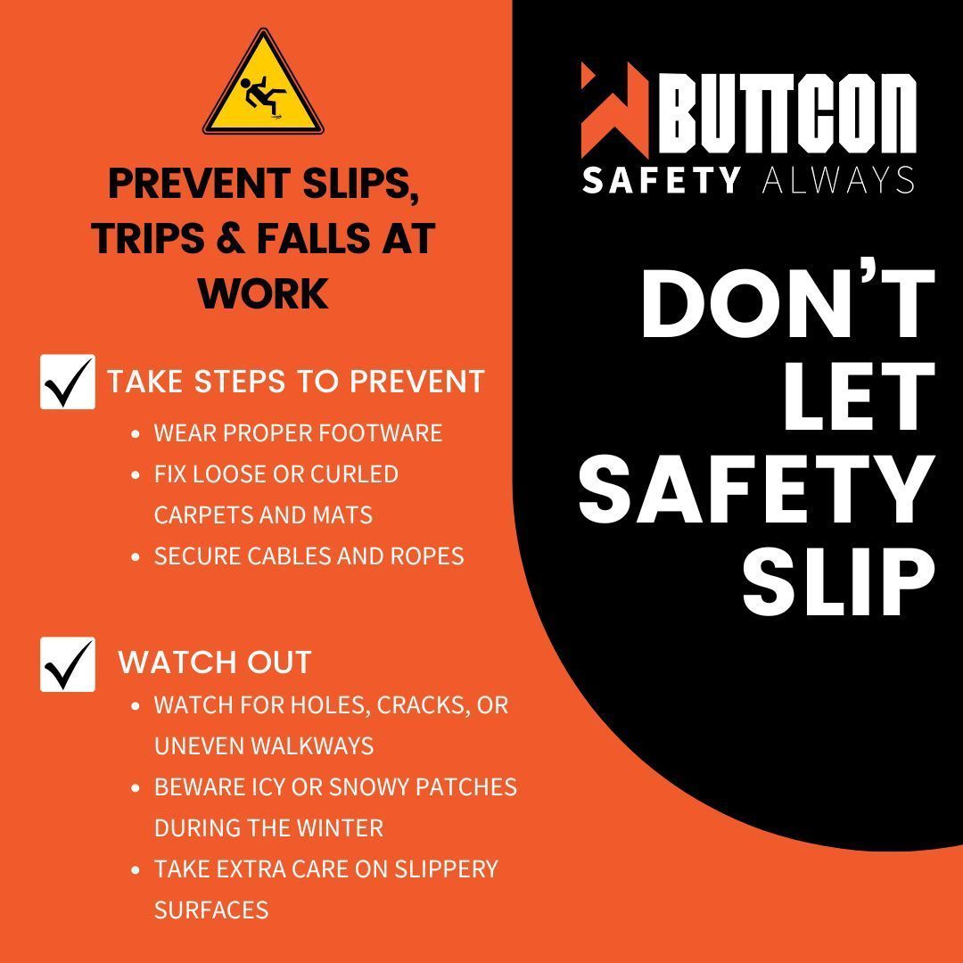 May 6th- 10th is Buttcon Safety week!  Day 1: Tips for preventing slips, trips, and falls in the workplace. #SafetyAlways #SafetyFirst #TeamTestimonial #teamsafety #generalcontractor #webuild #safetyweek #2024safetyweek