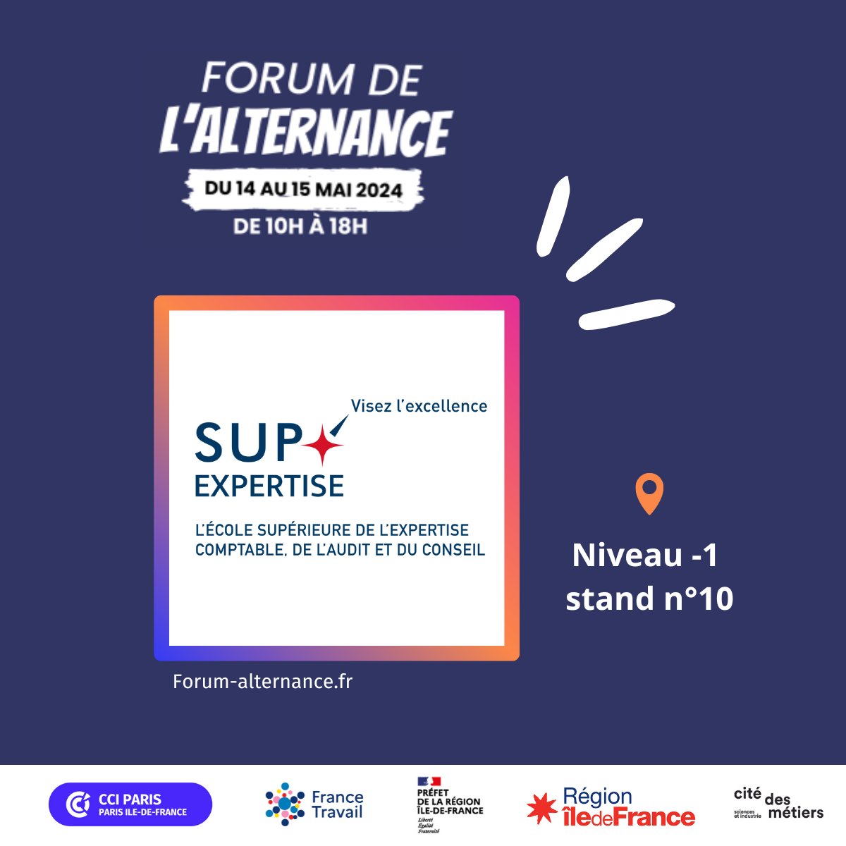 Ne manquez pas l'événement phare de l'alternance ! 🎓🌟

Nous allons participer au forum de l'alternance qui se tiendra les 14 et 15 mai de 10h à 18h à la Cité des Sciences et de l'Industrie, Centre de Congrès de la Villette.

#forumalternance #apprentissage #expertisecomptable