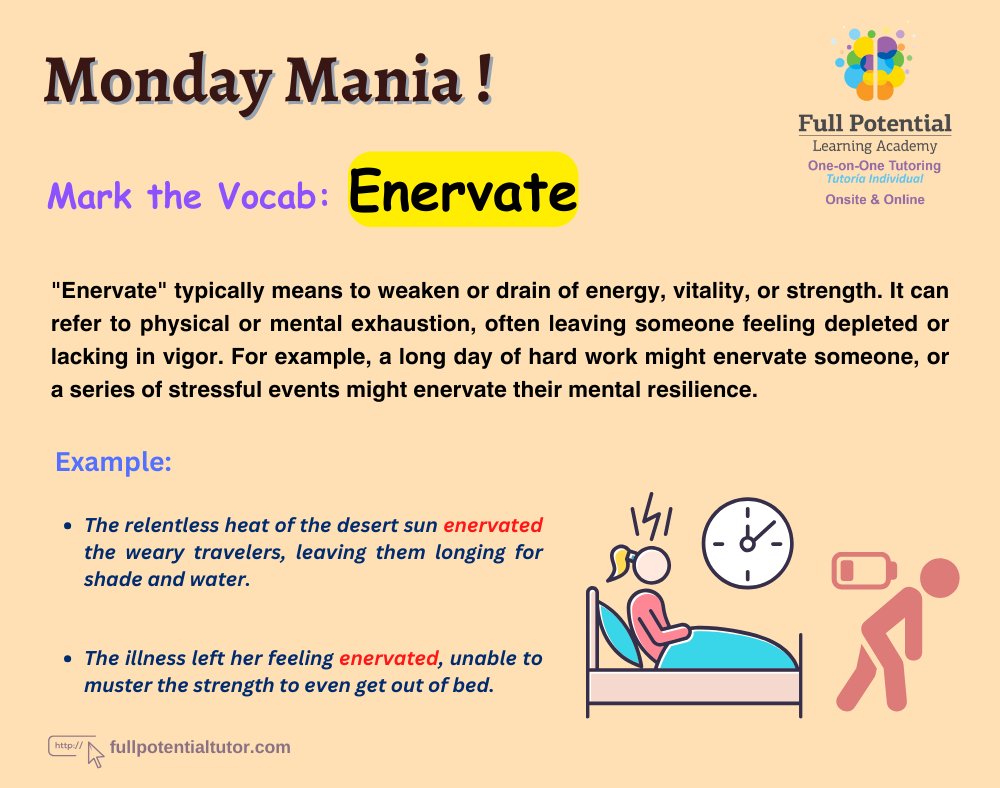 Don't let stress enervate your spirit. Take breaks, breathe deeply, and remember to prioritize self-care. #WordOfTheDay #Enervate #Monday #FPLA #Miami
