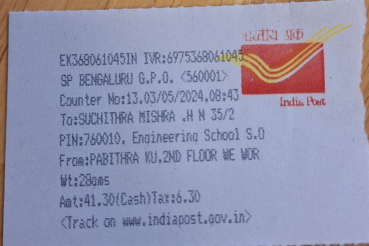 PKMMISRA's tweet photo. @CPMGKARNATAKA Dear Sir, Why so late in just dispatching the Speed Post from Cubbon Park GPO ? Receipt attached. https://t.co/8uQbS7C5b6