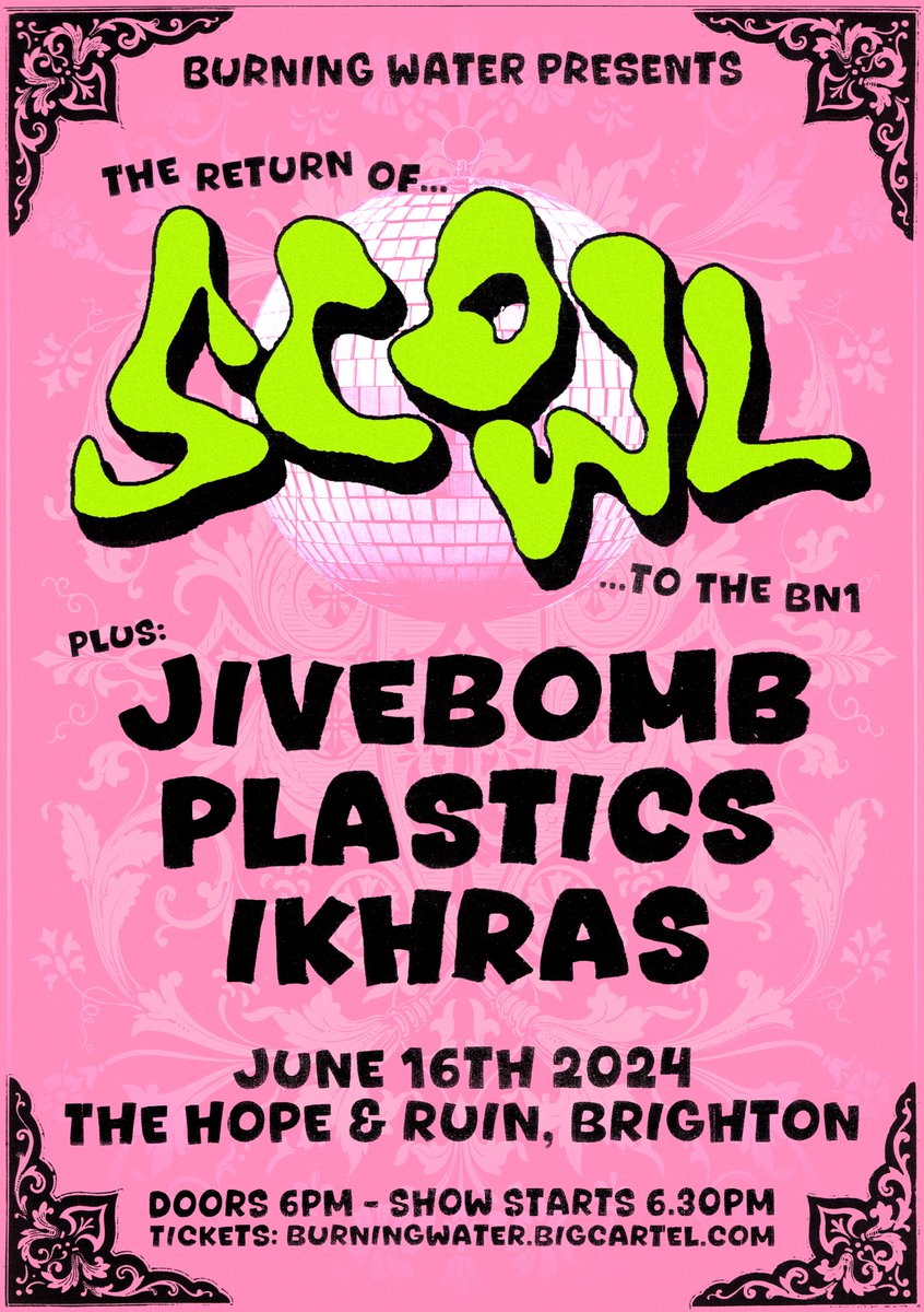 Bringing our friends in @Scowl40831 back to Brighton this summer! Last time they were in town was an all-timer, so I’m stoked to have them return. Flatspot label-mates @jivebomb are along for the ride - plus local muckers Plastics & habibi stompers Ikhras open up proceedings...
