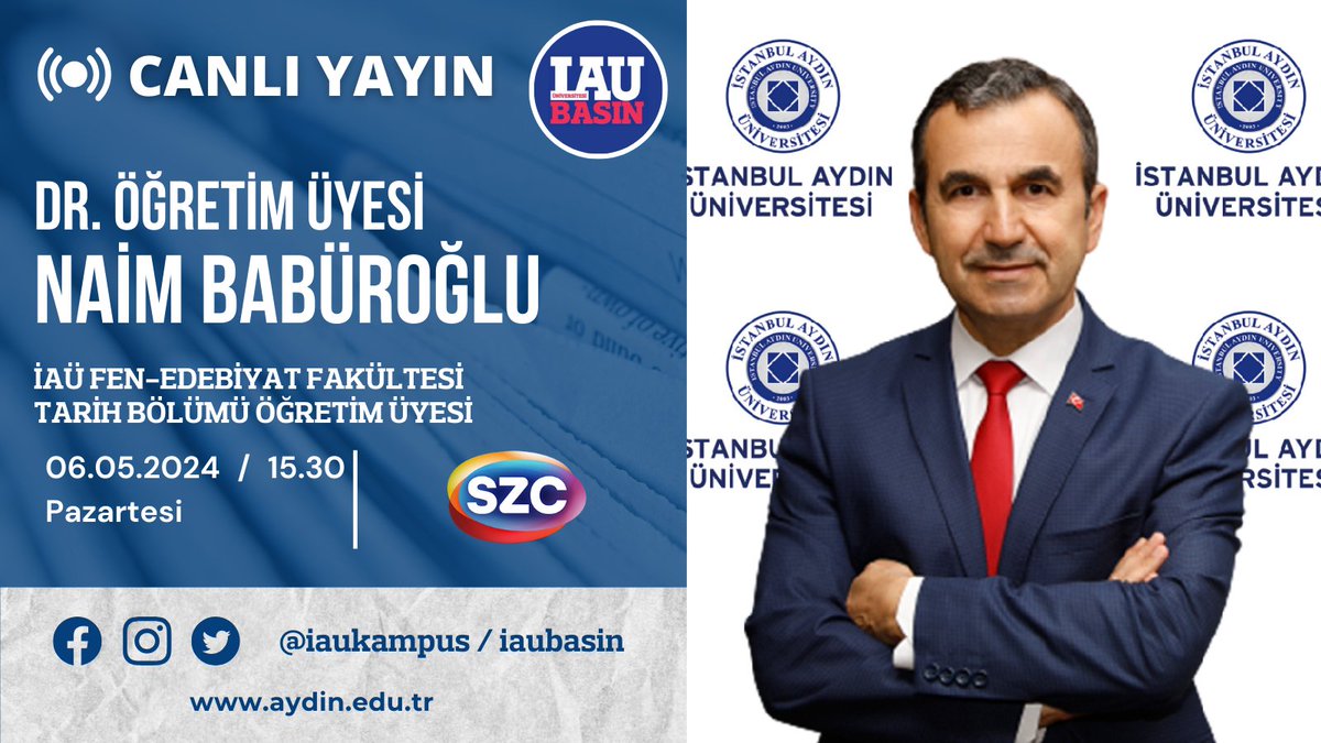 📺Öğretim Üyemiz Dr. Naim Babüroğlu, dış politika gündeminde yaşanan son gelişmeler hakkında değerlendirmelerde bulunacak. İzlemek için szctv.com.tr @IAUKampus @drmaydin @iaufef @iau_usam @NaimBaburoglu @szctelevizyonu