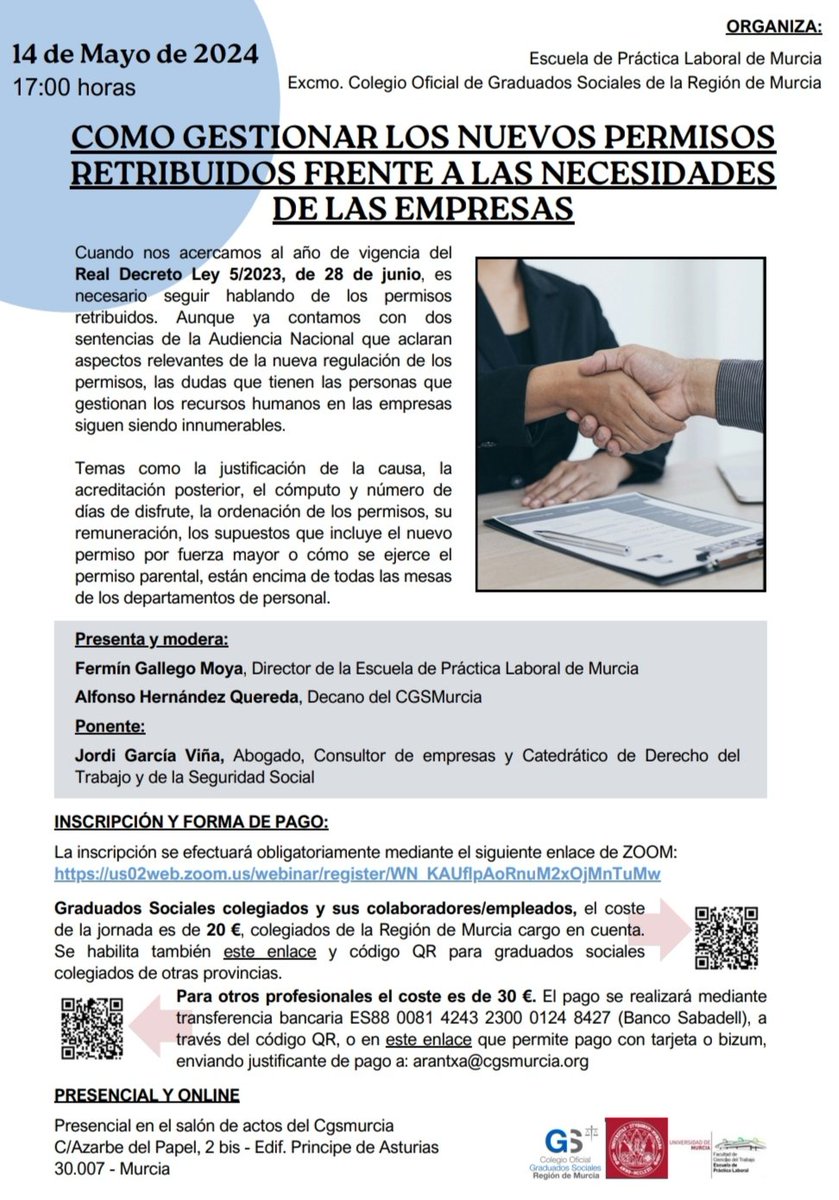 esprlab's tweet image. Actividad formativa organizada por la Escuela de Práctica Laboral de la Universidad de Murcia y el Colegio Oficial de Graduados Sociales de la Región de Murcia.