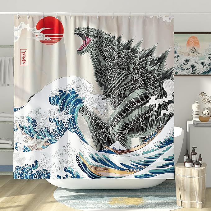 Cortina de ducha con Godzilla y la gran ola de Kanagawa: amzn.to/3WxN0FJ #cortinadeducha #regalos #ideasregalo #Godzilla #lagranoladeKanagawa #granoladeKanagawa #oladeKanagawa #Kanagawa #regalosoriginales