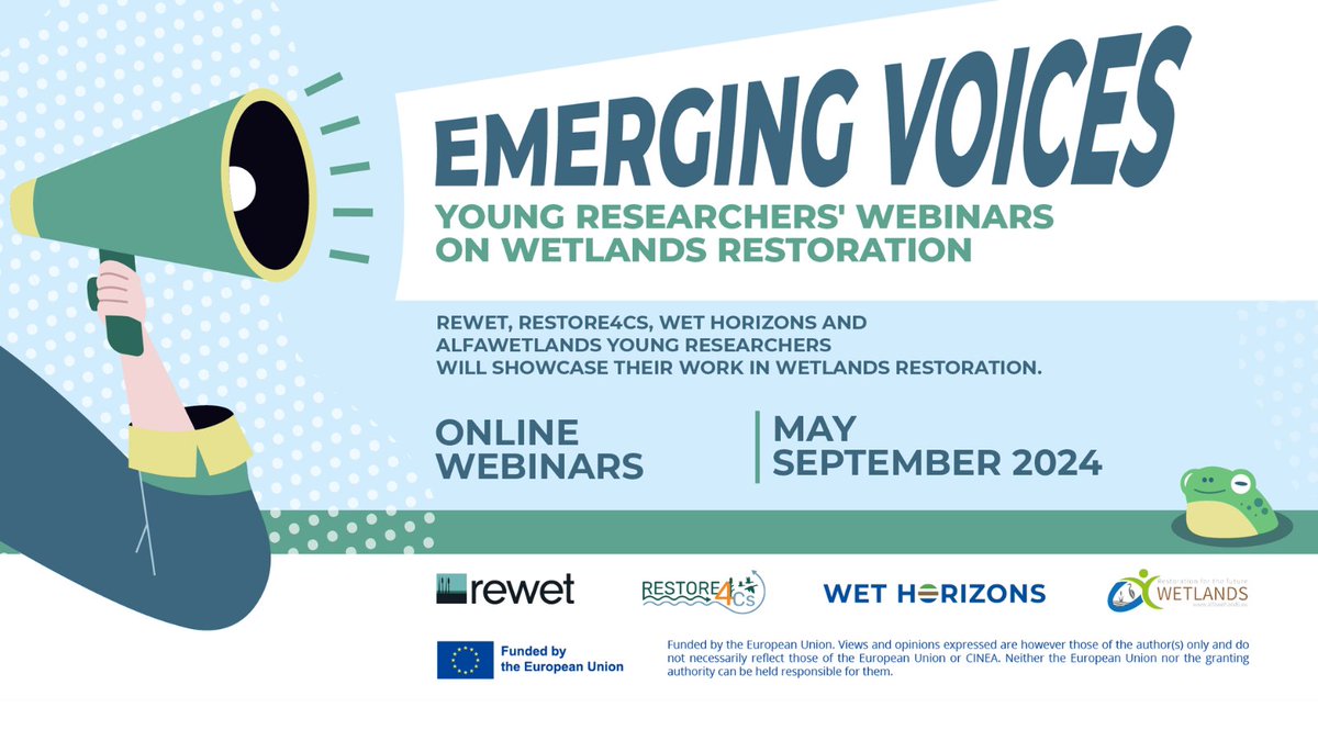 📢 Join @RESTORE4Cs, @REWET_HE, @WetHorizons & @ALFAwetlands for a series of #webinars led by the voices of young researchers❕ We will start on 8️⃣ 𝐌𝐚𝐲 2️⃣0️⃣2️⃣4️⃣ 𝐚𝐭 1️⃣0️⃣ 𝐂𝐄𝐓 with 2⃣ presentations by #RESTORE4Cs & #REWET 👉🏽 restore4cs.eu/emerging-voice… #EmergingVoicesWebinars