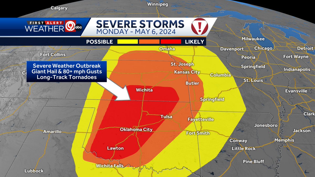 Today warrants extra preparation & vigilance across parts of the Plains & Midwest. The risk of severe storms in Kansas City increases between 8 PM MON & 1 AM TUE. Damaging wind up to 75 mph is the main threat. A few tornadoes are also possible... (1/2) #mowx #kswx @kmbc
