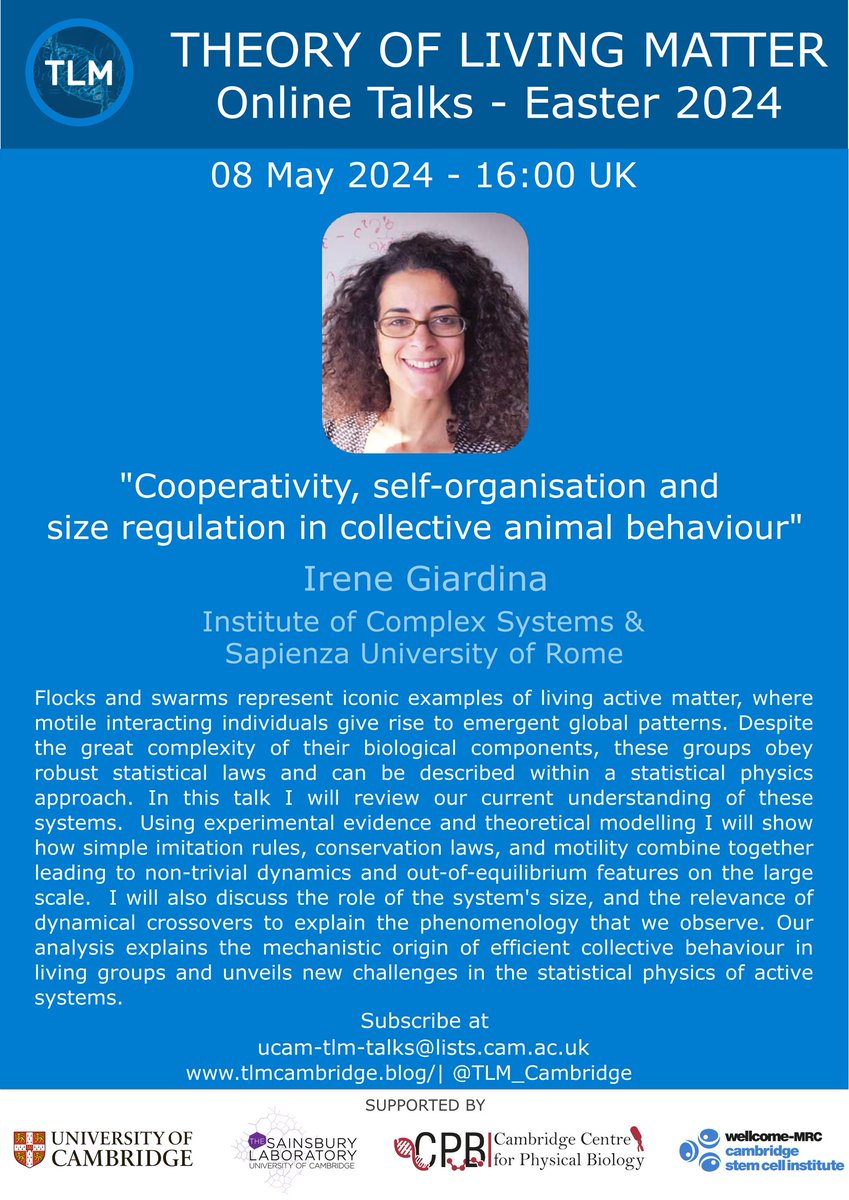 📢🚨 Wed 08/05 | 16:00 UK - @TLM_Cambridge Online seminar by Prof. Irene Giardina titled 'Cooperativity, self-organisation and size regulation in collective animal behaviour'.🚨📷 Subscribe to our mailing list for regular updates and online link✍️ lists.cam.ac.uk/sympa/subscrib…