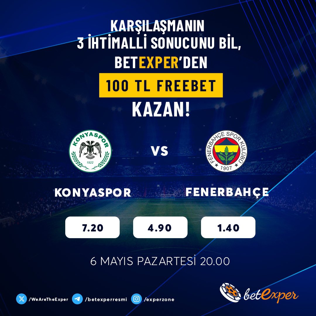 Konyaspor ⚔️ Fenerbahçe mücadelesinin 3 ihtimalli sonucunu doğru tahmin edenlere 100 TL FreeBet Hediye! 🔥  

Katılım linki; forms.gle/znqWX3CvjvLDo5…

✅Form üzerinden katıl 
✅Gönderiyi beğen ve rt
✅ #Betexper tag’iyle 3 arkadaşını etiketle